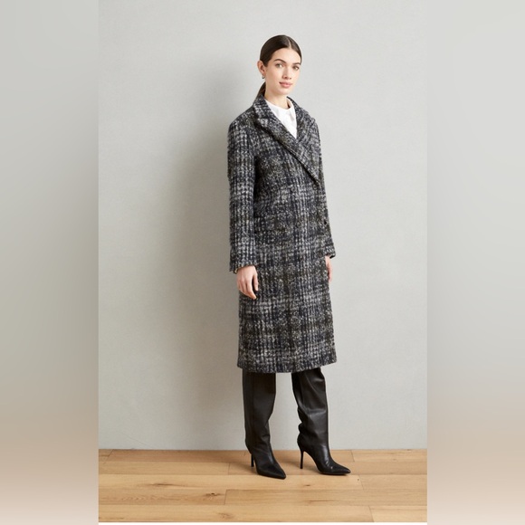 Scotch & Soda Black Gray Plaid Wool Blend Long Coat Small NWOT $398 - Picture 1 of 11